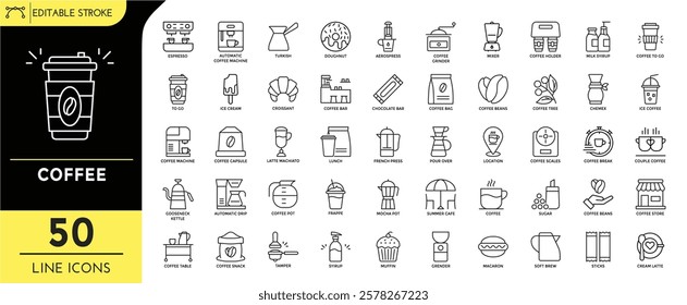 Coffee line editable icon set. Editable Stroke. espresso, automatic coffee machine, to go, coffee pot, tamper, grender, coffee storetree, beans,  and more. Vector Illustration.