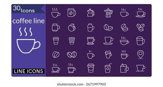 Coffee line editable icon set. Contain icons related to  mug, cup, coffee beans, and more. Editable stroke.