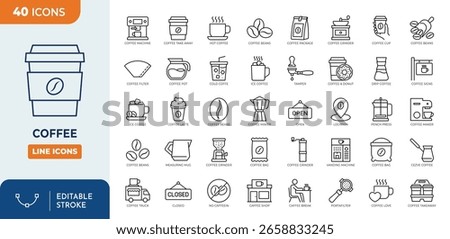 Coffee line editable icon set. Containing Coffee, latte, coffee bean, espresso, coffee shop, sugar, caffeine, and more. Editable stroke. Vector illustration