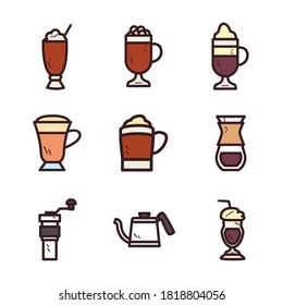 Coffee line and fill style icons collection design of time drink breakfast beverage shop morning store aroma and caffeine theme Vector illustration