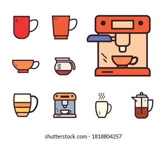 Coffee line und Füllstil Symbole Design Zeittrinken Frühstücksgetränke-Geschäft morgens Geschäft Aroma und Coffein Thema Vektorgrafik Vektorgrafik