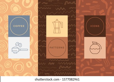 Coffee line icon with abstract seamless pattern, vector creative background. Coffee shop emblem, cafe menu, packaging design, organic coffee logo, take away coffee, 100% arabica badge.