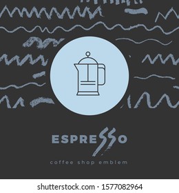 Coffee line icon with abstract seamless pattern, vector creative background. Coffee shop emblem, cafe menu, packaging design, organic coffee logo, take away coffee, 100% arabica badge.