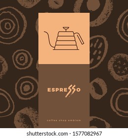 Coffee line icon with abstract seamless pattern, vector creative background. Coffee shop emblem, cafe menu, packaging design, organic coffee logo, take away coffee, 100% arabica badge.