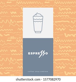 Coffee line icon with abstract seamless pattern, vector creative background. Coffee shop emblem, cafe menu, packaging design, organic coffee logo, take away coffee, 100% arabica badge.