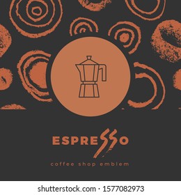 Coffee line icon with abstract seamless pattern, vector creative background. Coffee shop emblem, cafe menu, packaging design, organic coffee logo, take away coffee, 100% arabica badge.