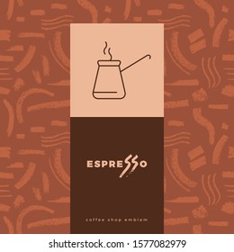 Coffee line icon with abstract seamless pattern, vector creative background. Coffee shop emblem, cafe menu, packaging design, organic coffee logo, take away coffee, 100% arabica badge.