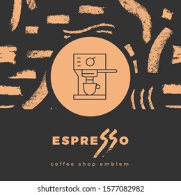 Coffee line icon with abstract seamless pattern, vector creative background. Coffee shop emblem, cafe menu, packaging design, organic coffee logo, take away coffee, 100% arabica badge.