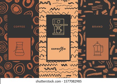 Coffee line icon with abstract seamless pattern, vector creative background. Coffee shop emblem, cafe menu, packaging design, organic coffee logo, take away coffee, 100% arabica badge.