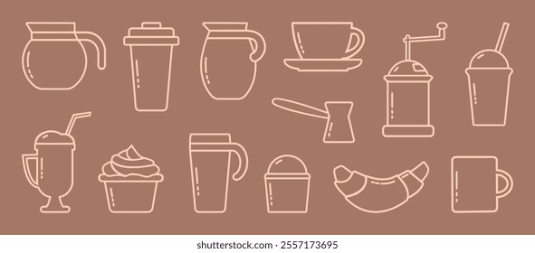 Coffee line icon, mocha mousse colors set, cup and mug, hot drink. Cafe, milk, tea, croissant, cake, hot chocolate shop outline design. Trendy colour 2025 year background. Vector illustration