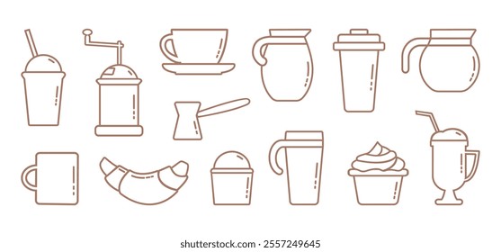 Coffee line icon mocha mousse colors, cup and mug, hot drink set. Cafe, milk, tea, croissant, cake, hot chocolate shop outline design. Trendy colour 2025 year. Vector illustration