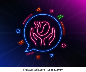 Coffee line icon. Neon laser lights. Hold roasted bean sign. Love caffeine symbol. Glow laser speech bubble. Neon lights chat bubble. Banner badge with coffee icon. Vector