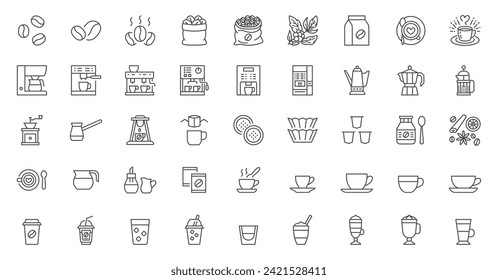 Coffee line icon set. Beans bag, roasting, turkish cezve, drip pods, percolator, chorreador, filters, capsules, espresso vector illustrations. Simple outline signs for cafe menu. Editable Stroke svg