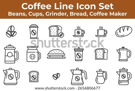 Coffee Line Icon Set – Beans, Cups, Grinder, Bread, Coffee Maker. A minimal coffee-themed line icon set featuring beans, mugs, grinders, coffee makers, bread, cups, and other café-related items.