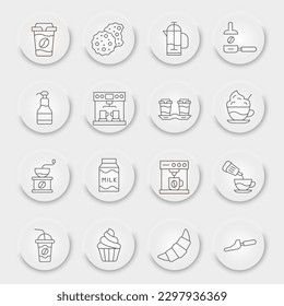 Coffee line icon set, cafe symbols collection, vector sketches, neumorphic UI UX buttons, caffeine signs linear pictograms package isolated on white background, eps 10.