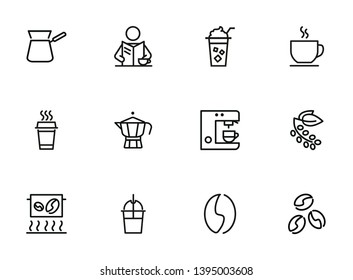 Coffee line icon set. Cappuccino maker machine, takeaway paper cup, bean. Coffee concept. Can be used for topics like coffee shop, break, morning, breakfast