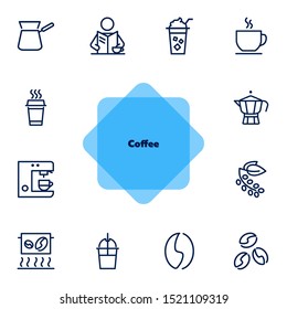 Coffee line icon set. Cappuccino maker machine, takeaway paper cup, bean. Coffee concept. Can be used for topics like coffee shop, break, morning, breakfast