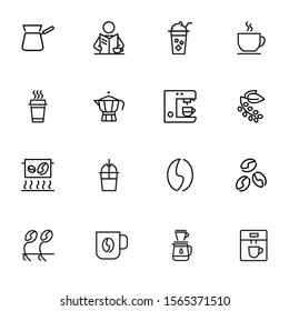 Coffee line icon set. Cappuccino maker machine, takeaway paper cup, bean. Coffee concept. Can be used for topics like coffee shop, break, morning, breakfast