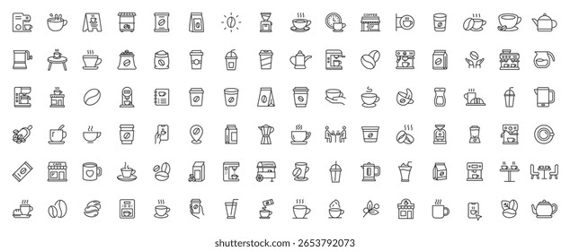Coffee line icon set. Containing latte, coffee bean, cappuccino, espresso, coffee shop, sugar and caffeine