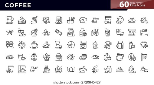 Conjunto de iconos de línea de café. Frijoles verdes, asador de tambor, primera explosión de grieta, segunda grieta, frijoles, taza de café espresso Ilustración vectorial