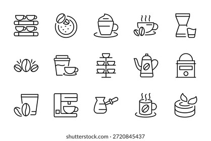 Conjunto de iconos de línea de café. Frijoles verdes, asador de tambor, primera explosión de grieta, segunda grieta, frijoles, taza de café espresso Ilustración vectorial