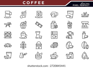 Conjunto de iconos de línea de café. Frijoles verdes, asador de tambor, primera explosión de grieta, segunda grieta, frijoles, taza de café espresso Ilustración vectorial