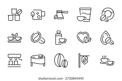 Conjunto de iconos de línea de café. Frijoles verdes, asador de tambor, primera explosión de grieta, segunda grieta, frijoles, taza de café espresso Ilustración vectorial