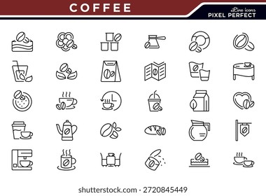 Symbolsatz für die Kaffeelinie. Grüne Bohnen, Trommelröster, erster Riss platzen, zweiter Riss, Bohnen, Espressobecher, Vektorgrafik