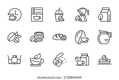Coffee line icon set. Green beans, drum roaster, first crack burst, second crack, beans, espresso cup vector illustration