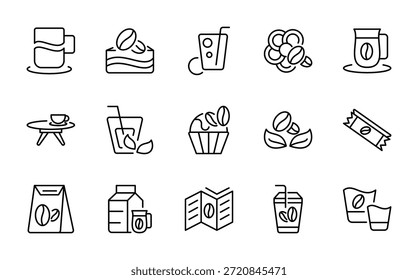 Conjunto de iconos de línea de café. Frijoles verdes, asador de tambor, primera explosión de grieta, segunda grieta, frijoles, taza de café espresso Ilustración vectorial