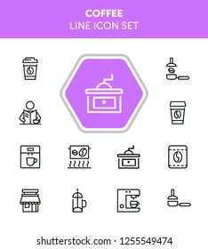 Coffee line icon set. Takeaway cup, grinder, bean. Coffee break concept. Can be used for topics like coffee shop, cafe, morning