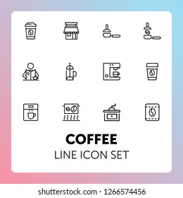 Coffee line icon set. Takeaway cup, grinder, bean. Coffee break concept. Can be used for topics like coffee shop, cafe, morning