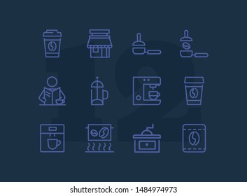 Coffee line icon set. Takeaway cup, grinder, bean. Coffee break concept. Can be used for topics like coffee shop, cafe, morning