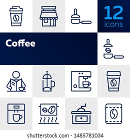 Coffee line icon set. Takeaway cup, grinder, bean. Coffee break concept. Can be used for topics like coffee shop, cafe, morning