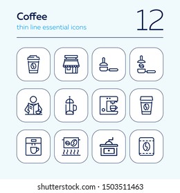 Coffee line icon set. Takeaway cup, grinder, bean. Coffee break concept. Can be used for topics like coffee shop, cafe, morning