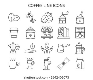 Coffee line icon set. Vector collection with beans, grinder, beans bag, turkish cezve, coffee machine, latte, cappuccino, coffee maker, cup.