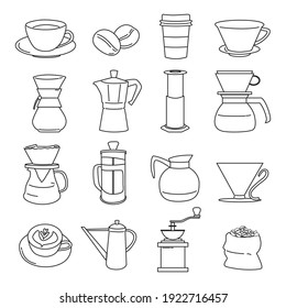 Coffee line icon for coffee shop, machine, press, grinder, cup, bean, pot, vector