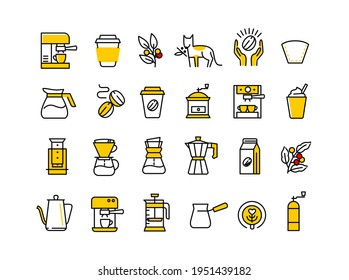 Coffee line icons. Beans, espresso and coffee maker machine. Roasted fresh. Outline set. 