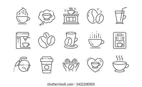 Coffee line icons. Beans, hot cocktail and coffee maker machine. Espresso cup, cappuccino with whipped cream line icons. Latte vending machine and roasted beans. Linear set. Vector