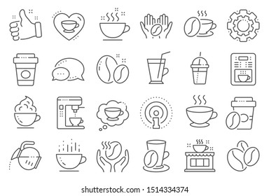 Coffee line icons. Beans, hot cocktail and coffee maker machine. Espresso cup, cappuccino with whipped cream line icons. Latte vending machine, breakfast drink and roasted beans. Vector