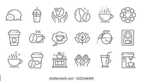 Coffee line icons. Beans, hot cocktail and coffee maker machine. Espresso cup, cappuccino line icons. Latte vending machine and roasted beans. Linear set. Quality line set. Vector