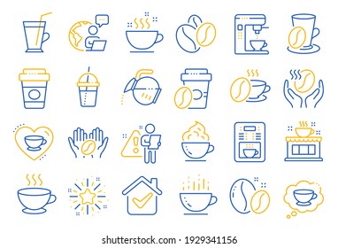 Coffee line icons. Beans, hot cocktail and coffee maker machine. Espresso cup, cappuccino with whipped cream line icons. Latte vending machine, breakfast drink and roasted beans. Line icon set. Vector