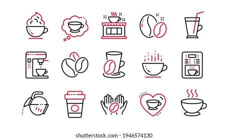 Coffee line icons. Beans, hot cocktail and coffee maker machine. Espresso cup, cappuccino with whipped cream line icons. Latte vending machine and roasted beans. Linear set. Linear set. Vector