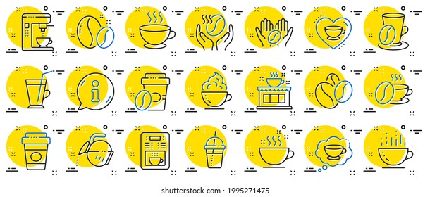 Coffee line icons. Beans, hot cocktail and coffee maker machine. Espresso cup, cappuccino with whipped cream line icons. Latte vending machine, breakfast drink and roasted beans. Vector