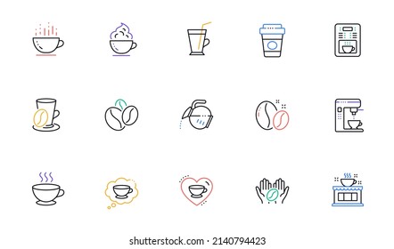 Coffee line icons. Beans, hot cocktail and coffee maker machine. Espresso cup, cappuccino with whipped cream line icons. Latte vending machine and roasted beans. Linear set. Vector