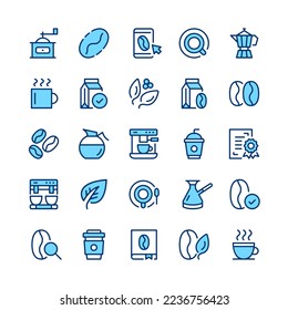 Coffee line icons. Blue color. Vector line icons set