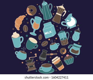 Coffee line icons in circle shape composition