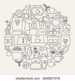 Coffee Line Icons Circle. Vector Illustration of Outline Design.