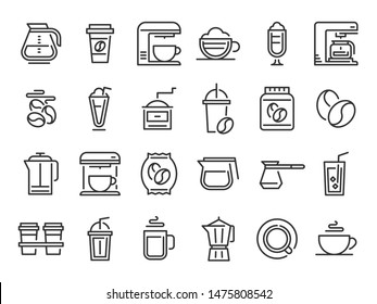 Coffee line icons. Hot drink cup, nature coffee beans and cafe outline pictogram. Cafe espresso bean label, coffee maker machine and pot drink holder. Isolated vector signs set