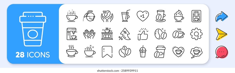 Coffee line icons. Interest rate, AI generate, Inflation icons. Beans, hot cocktail and coffee maker machine. Espresso cup, cappuccino with whipped cream line icons. Vector